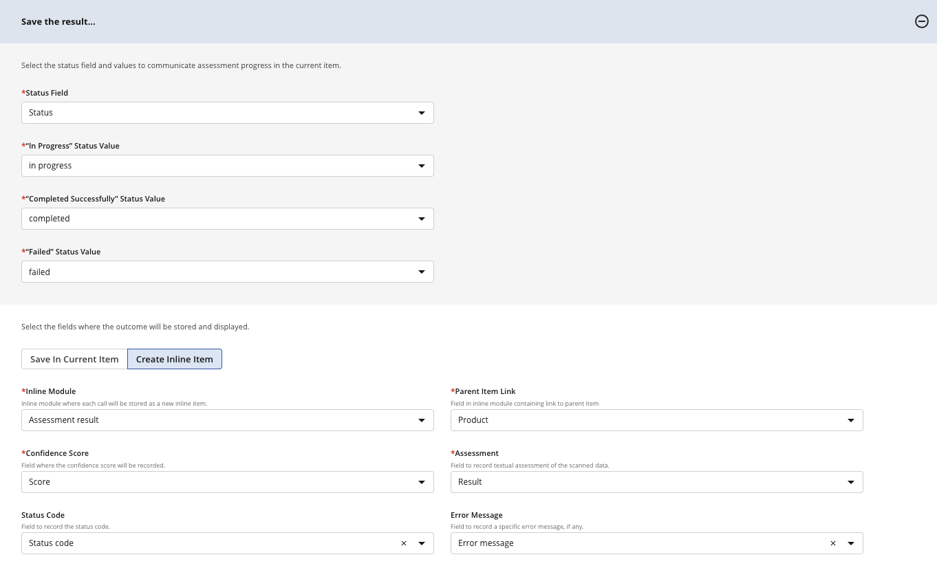 Form fields for status updates and assessment results in a user interface.